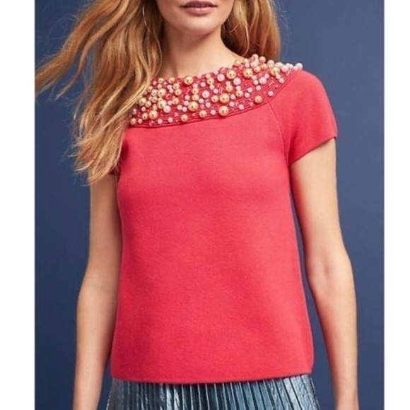 Anthropologie Moth‎ Brienne Pearl Holiday Sweater in Red, Size Medium - Picture 1 of 14